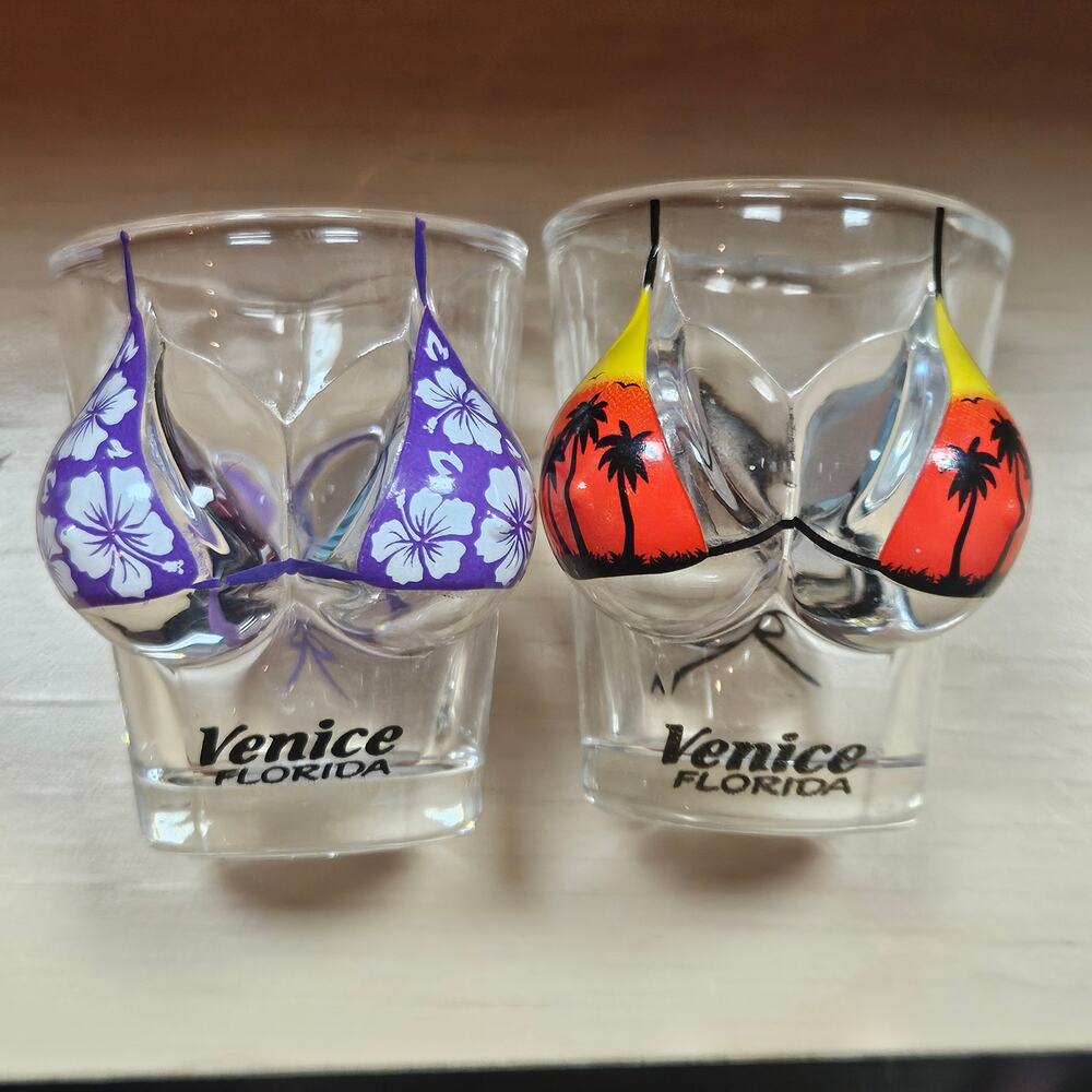 2 NEW 3D Venice Fla Buxom Bikini Shot Glasses Curvey Bar Blue Flowers Palm Trees